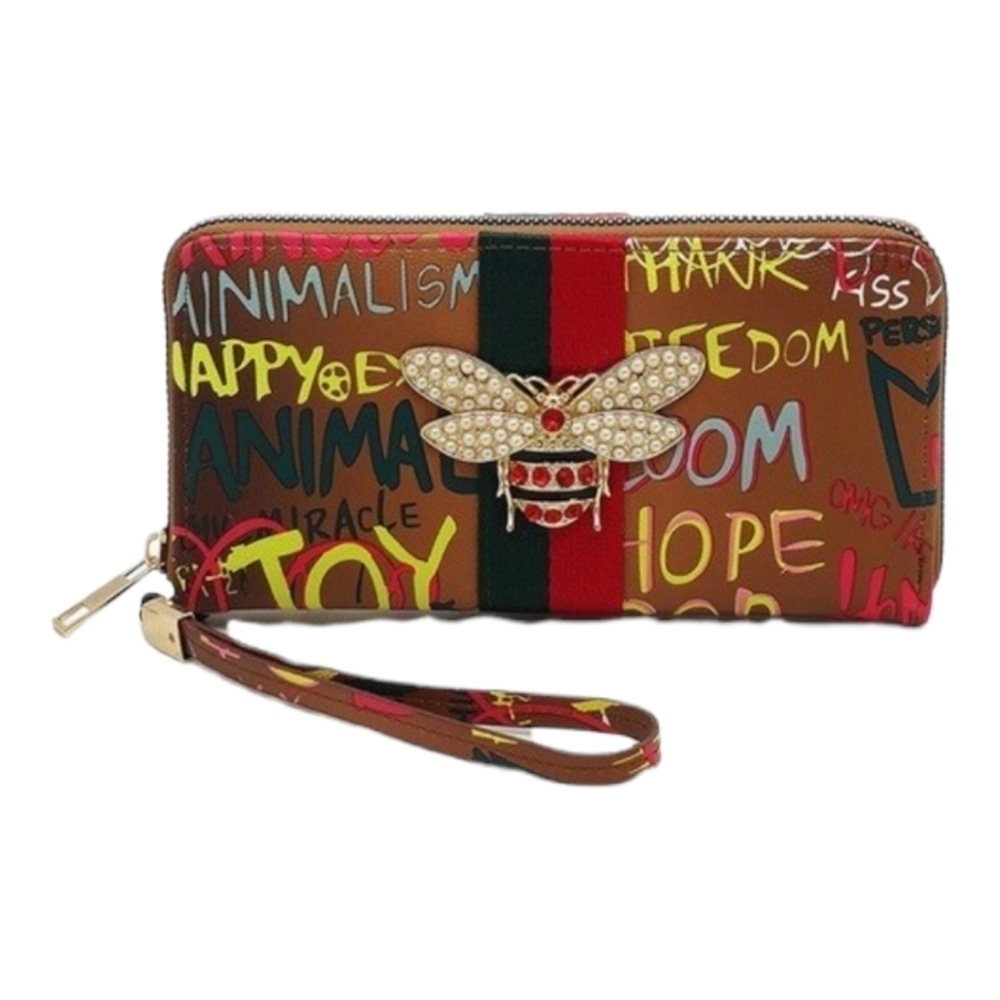 🔥 NWT🔥Queen Bee Stripe Graffiti Print Wallet Brown